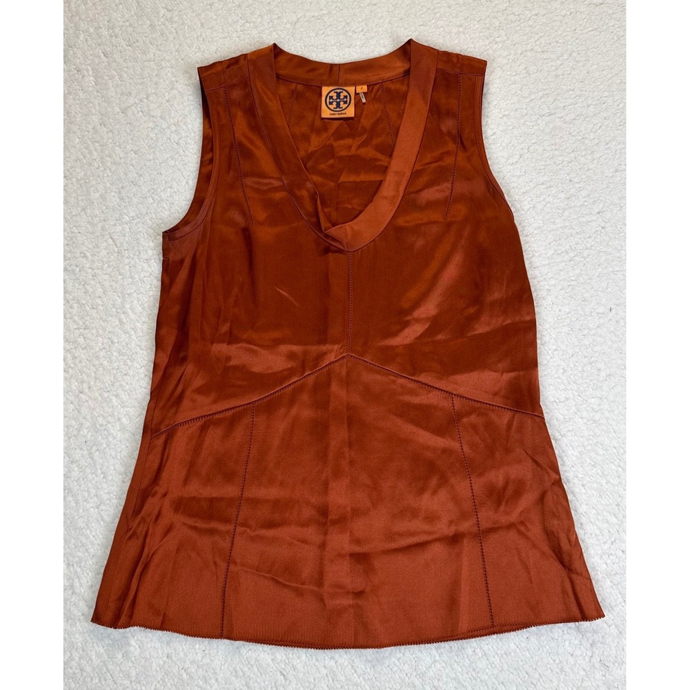 Tory Burch Copper Orange 100% Silk V-Neck Sleeveless Blouse Top Size 2